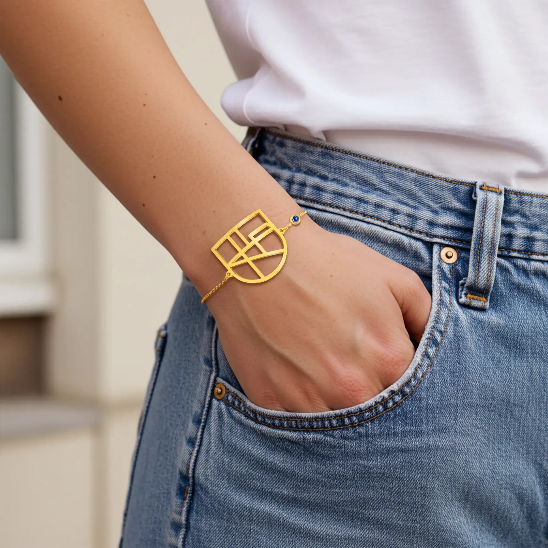 Geo Code Custom Name Logo Monogram Bracelet with Round Birthstone