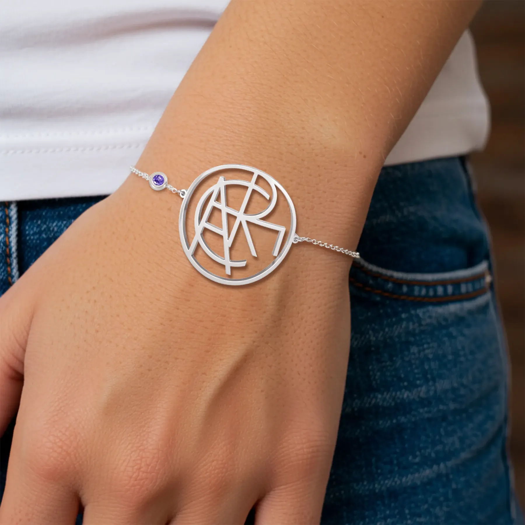 Geo Code Custom Name Logo Monogram Bracelet with Round Birthstone