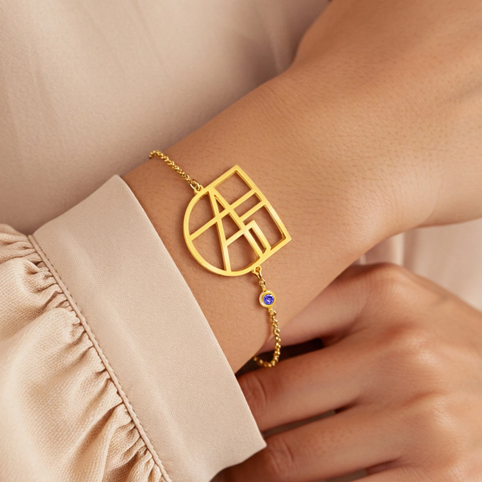 Geo Code Custom Name Logo Monogram Bracelet with Round Birthstone