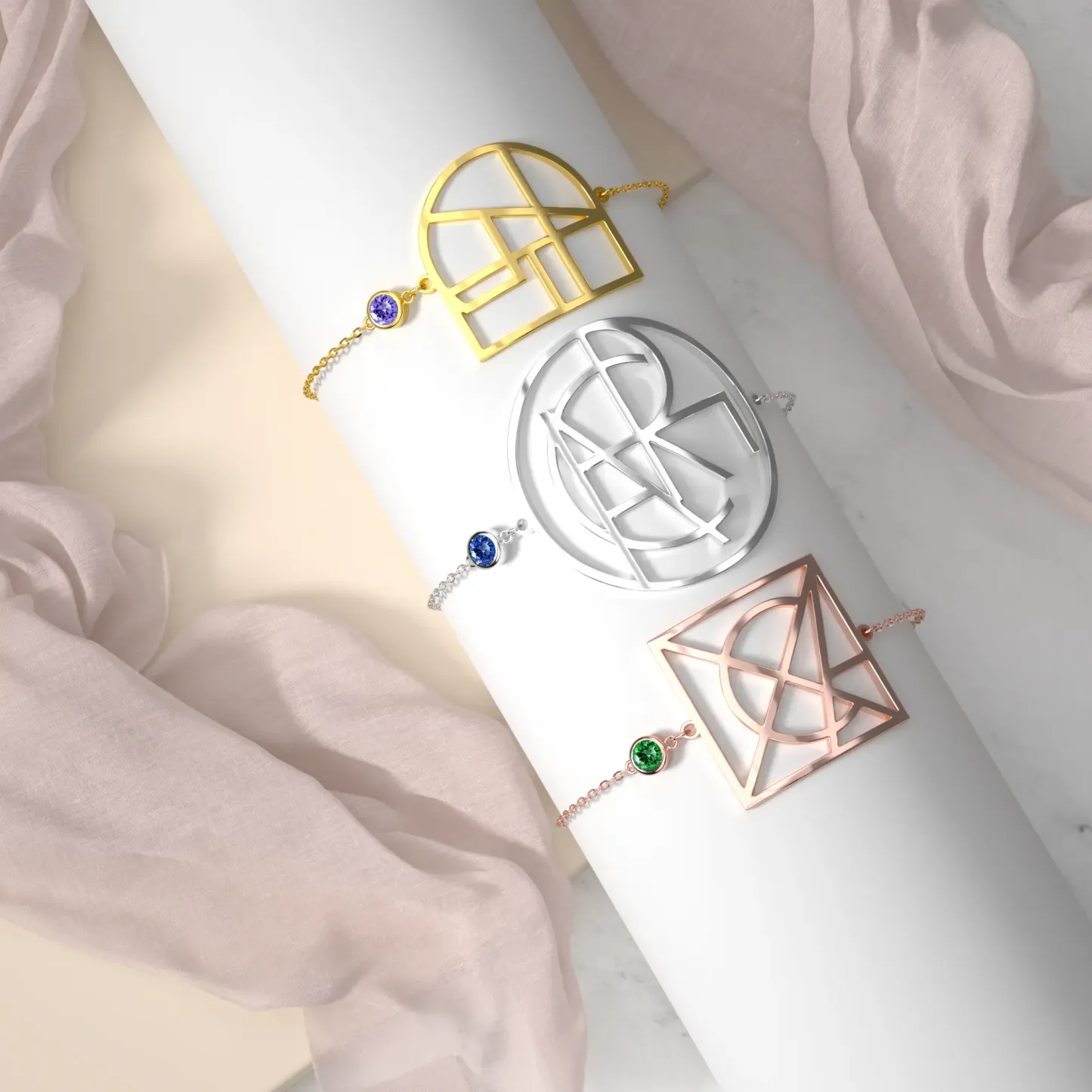 Geo Code Custom Name Logo Monogram Bracelet with Round Birthstone