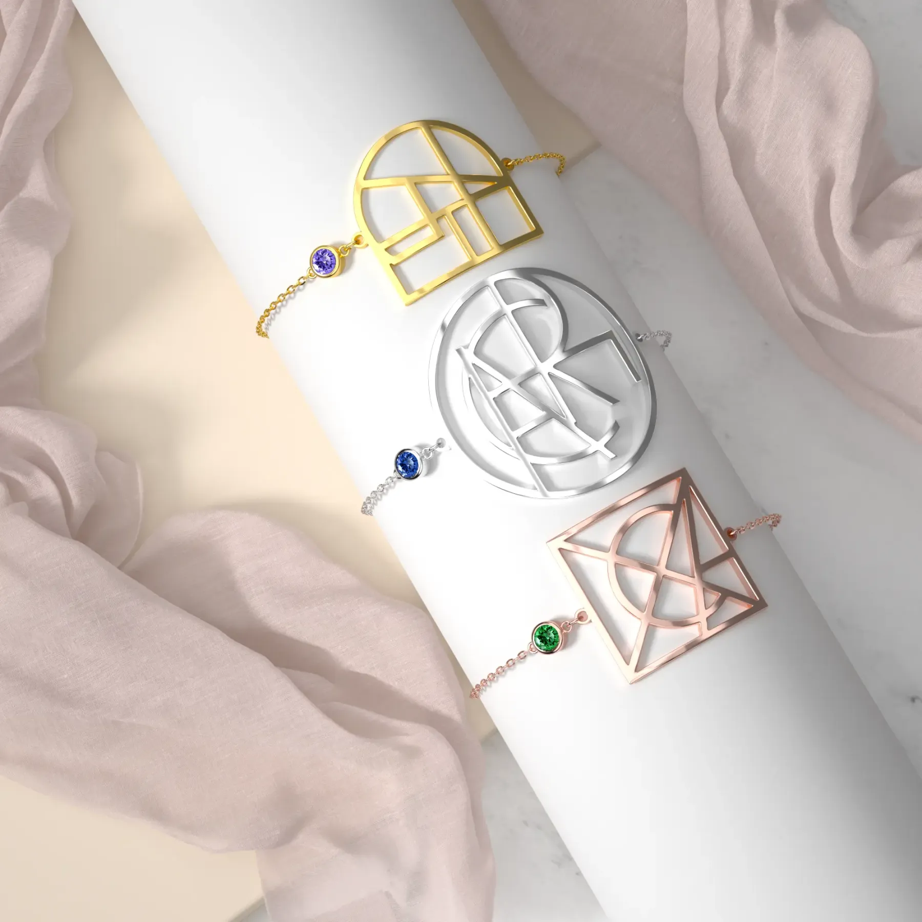 Geo Code Custom Name Logo Monogram Bracelet with Round Birthstone