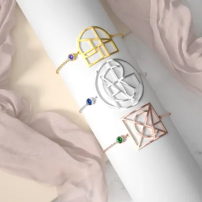 Geo Code Custom Name Logo Monogram Bracelet with Round Birthstone