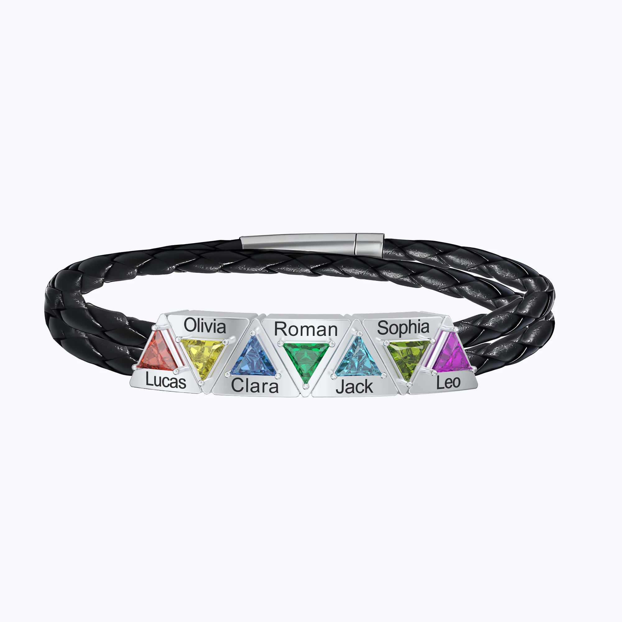 Personalized Braided Leather Bracelet with Triangular Birthstone Name Charms
