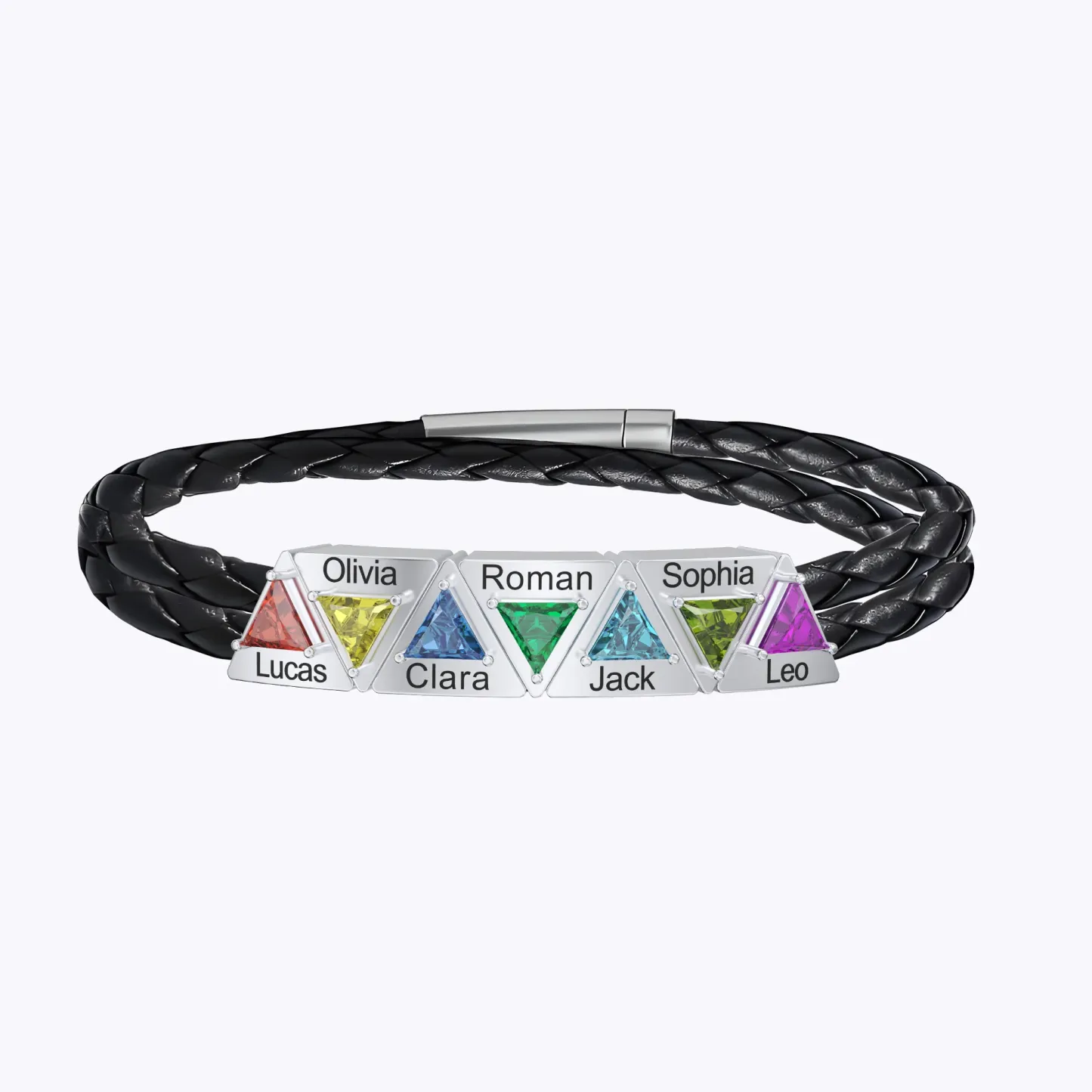 Personalized Braided Leather Bracelet with Triangular Birthstone Name Charms