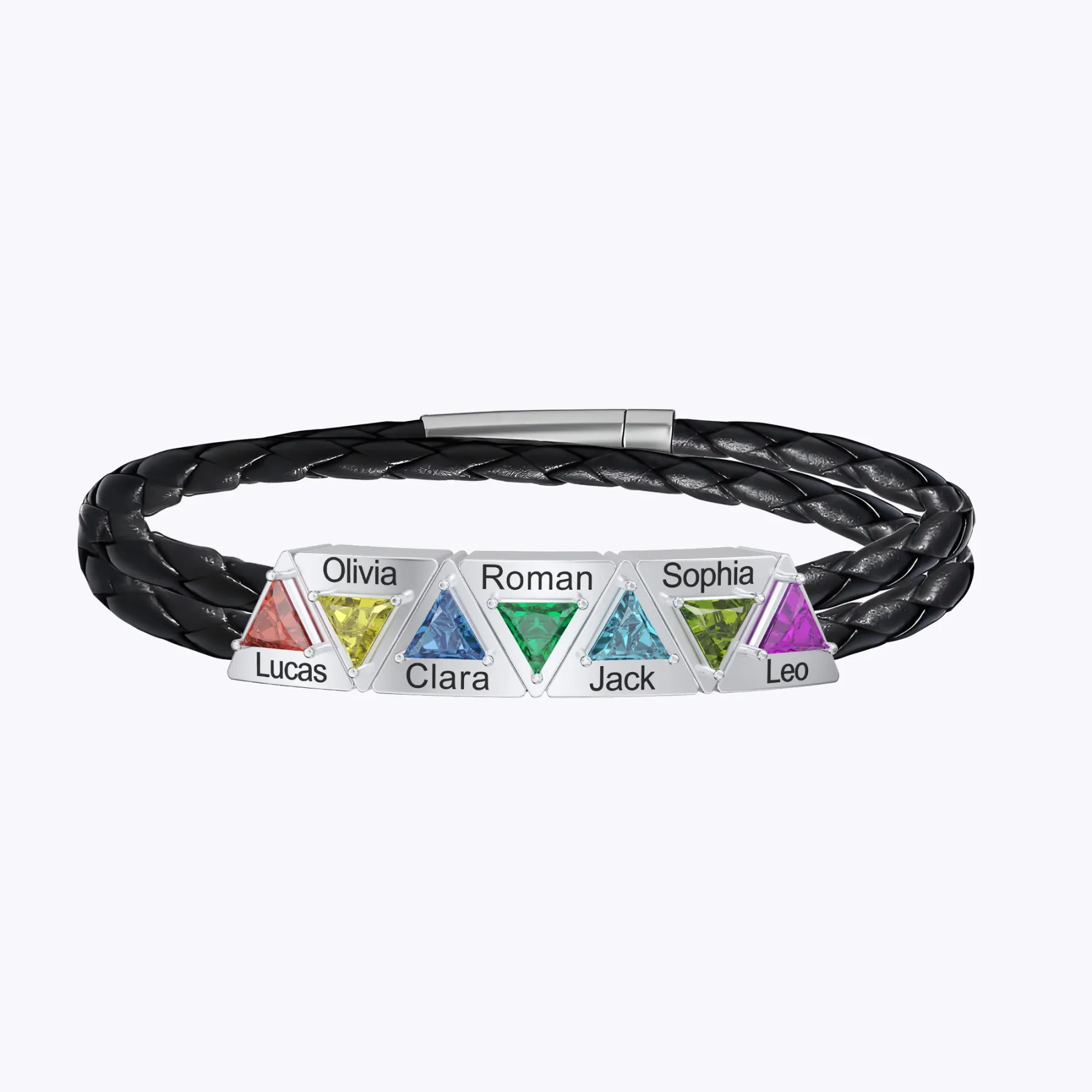 Personalized Braided Leather Bracelet with Triangular Birthstone Name Charms