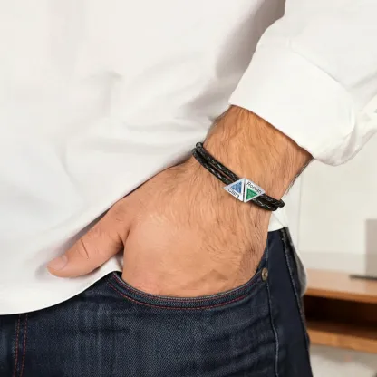 Personalized Braided Leather Bracelet with Triangular Birthstone Name Charms