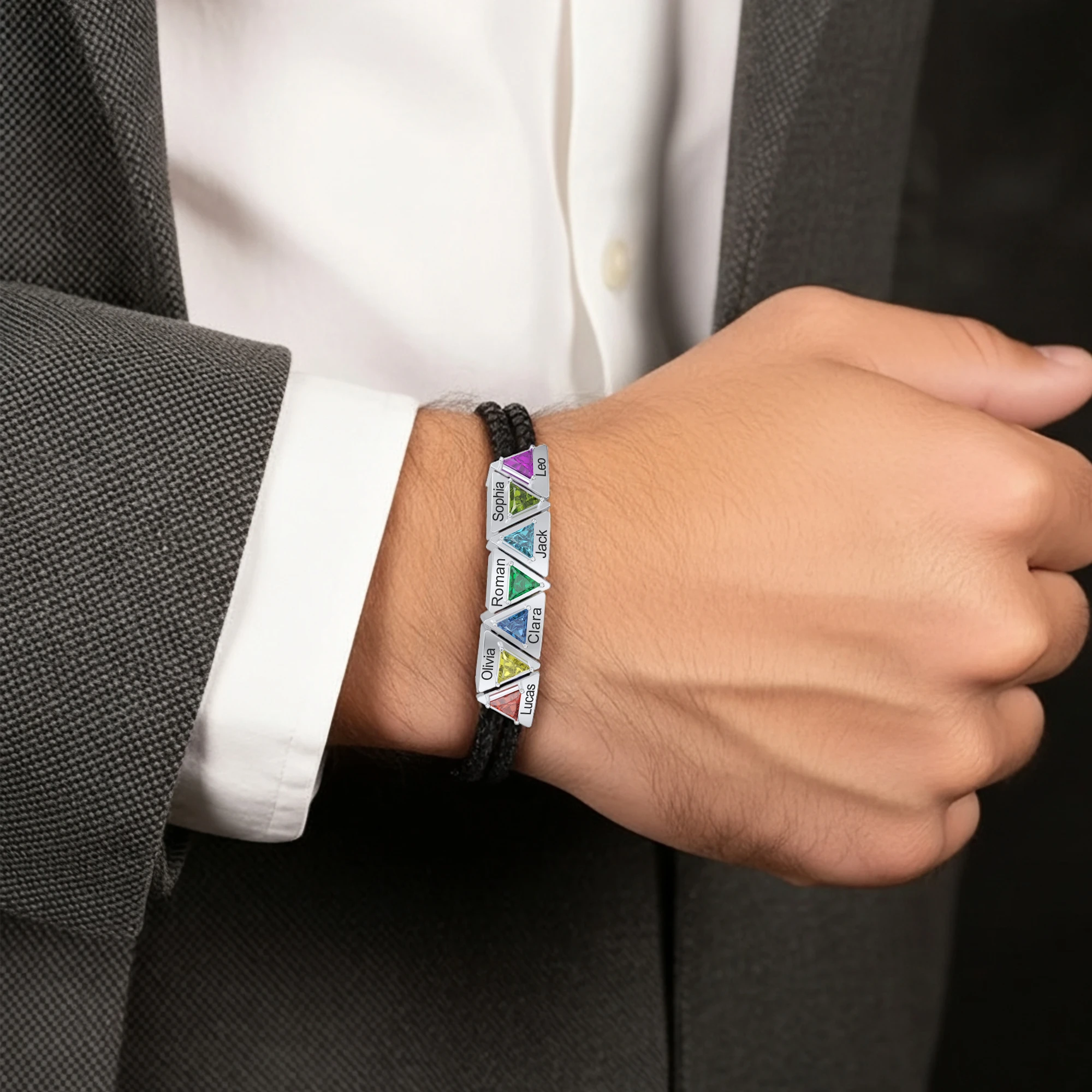 Personalized Braided Leather Bracelet with Triangular Birthstone Name Charms