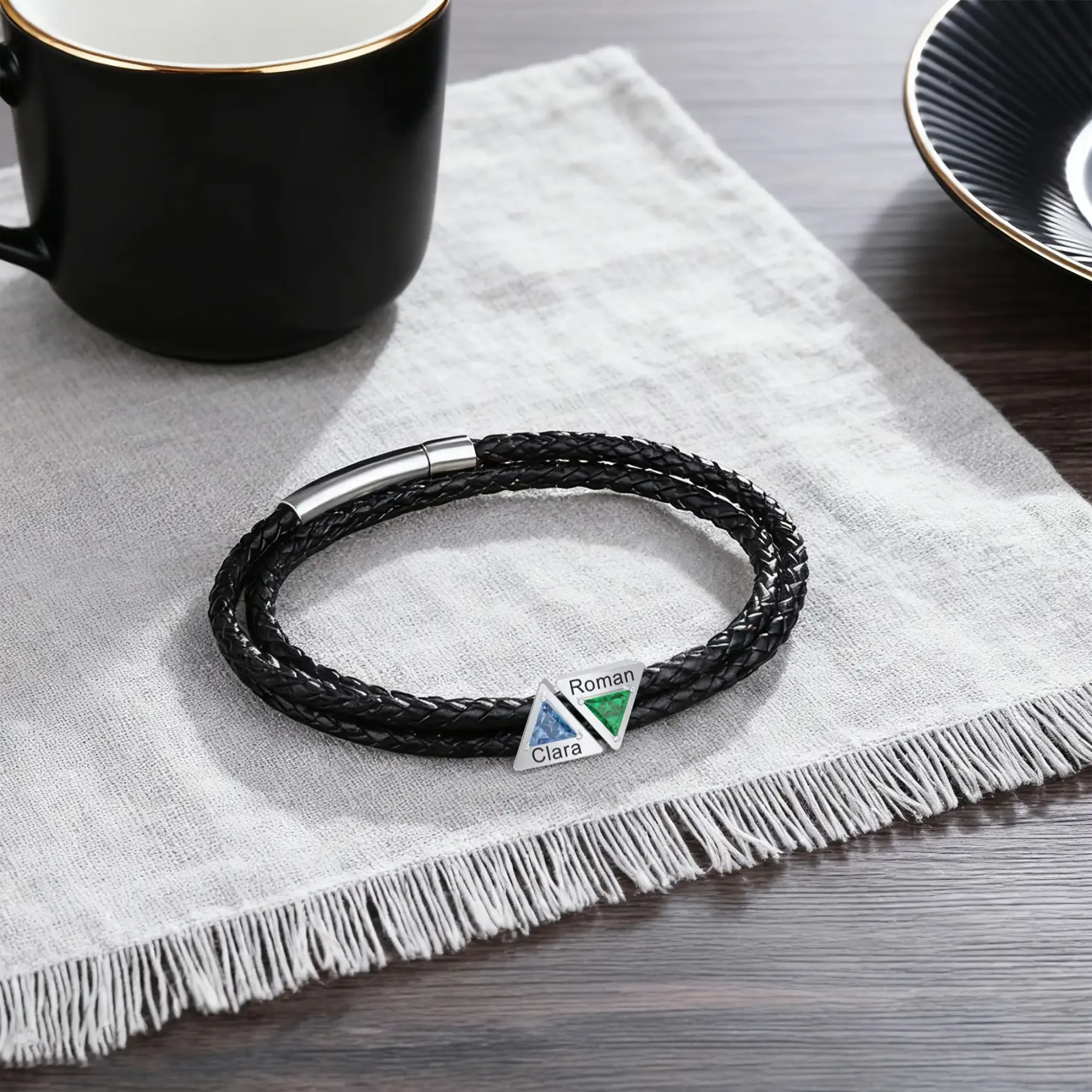 Personalized Braided Leather Bracelet with Triangular Birthstone Name Charms