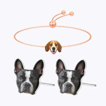 Custom Pet Face Photo Studs and Earrings Set