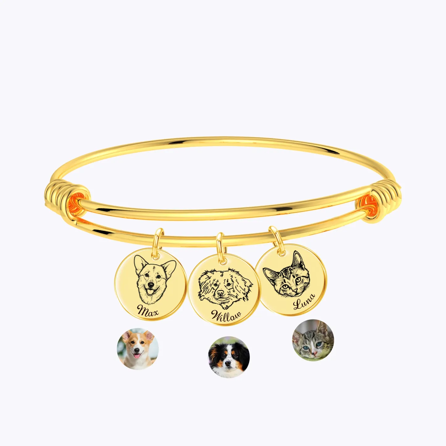 Custom Round Charm Bangle with Pet Portrait & Name