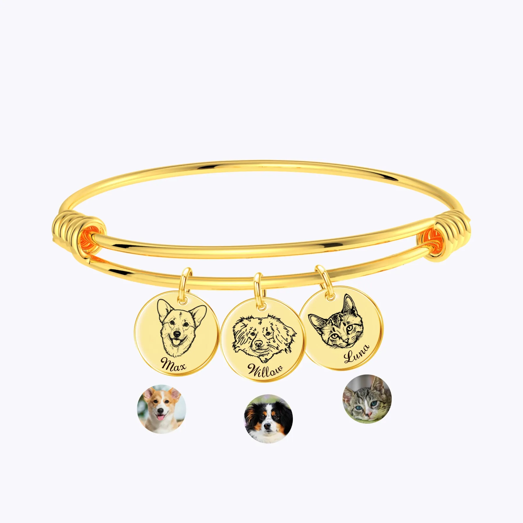Custom Round Charm Bangle with Pet Portrait & Name