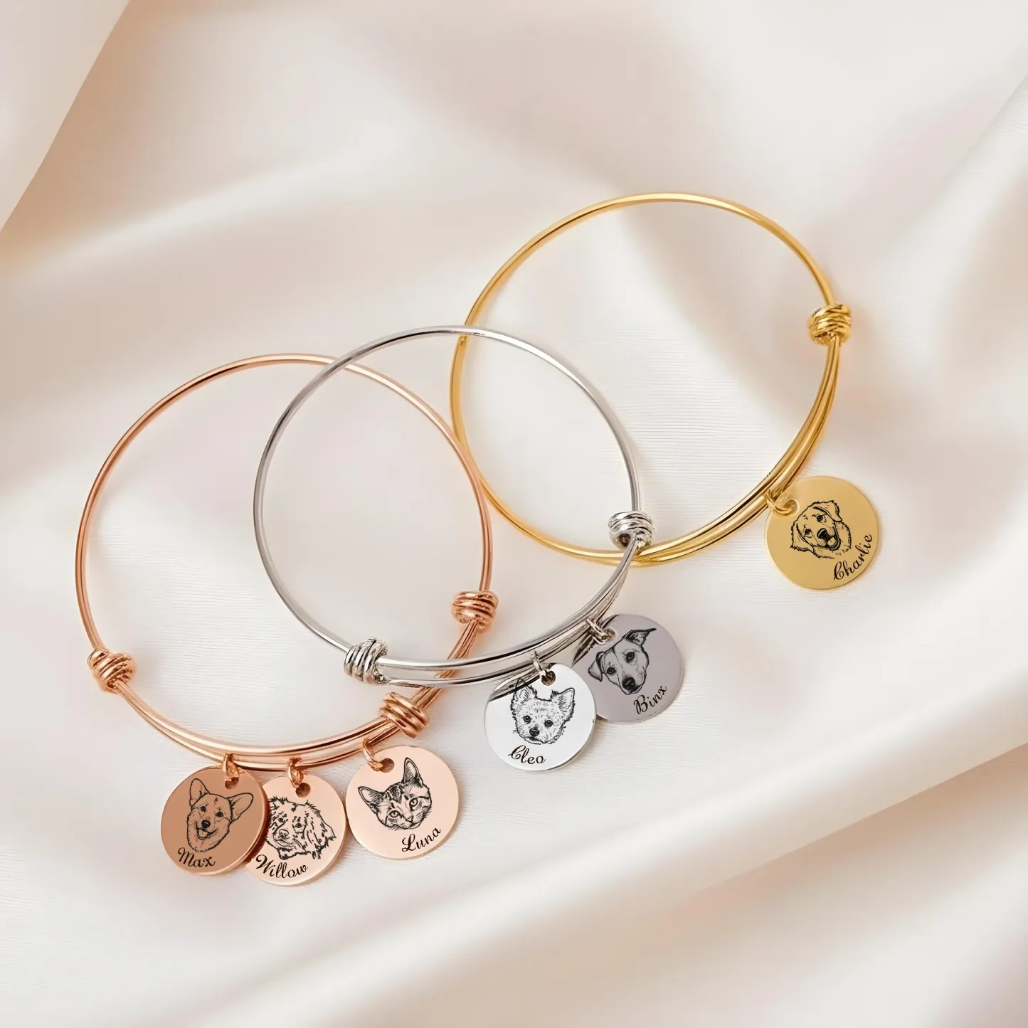 Custom Round Charm Bangle with Pet Portrait & Name