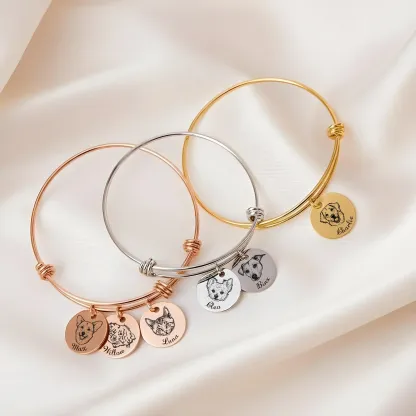 Custom Round Charm Bangle with Pet Portrait & Name