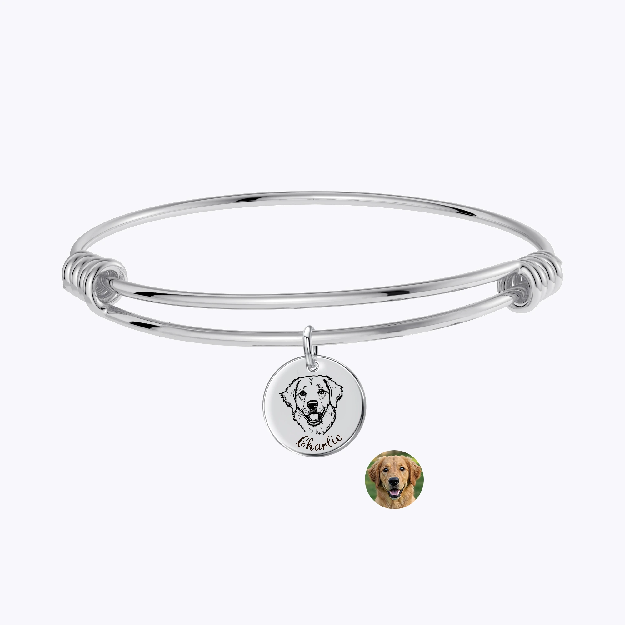 Custom Round Charm Bangle with Pet Portrait & Name