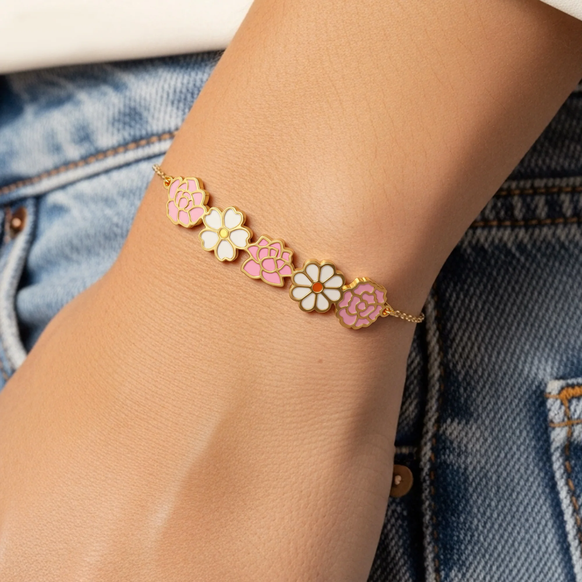 Custom 1-8 Connected Colorful Birth Flower Bracelet