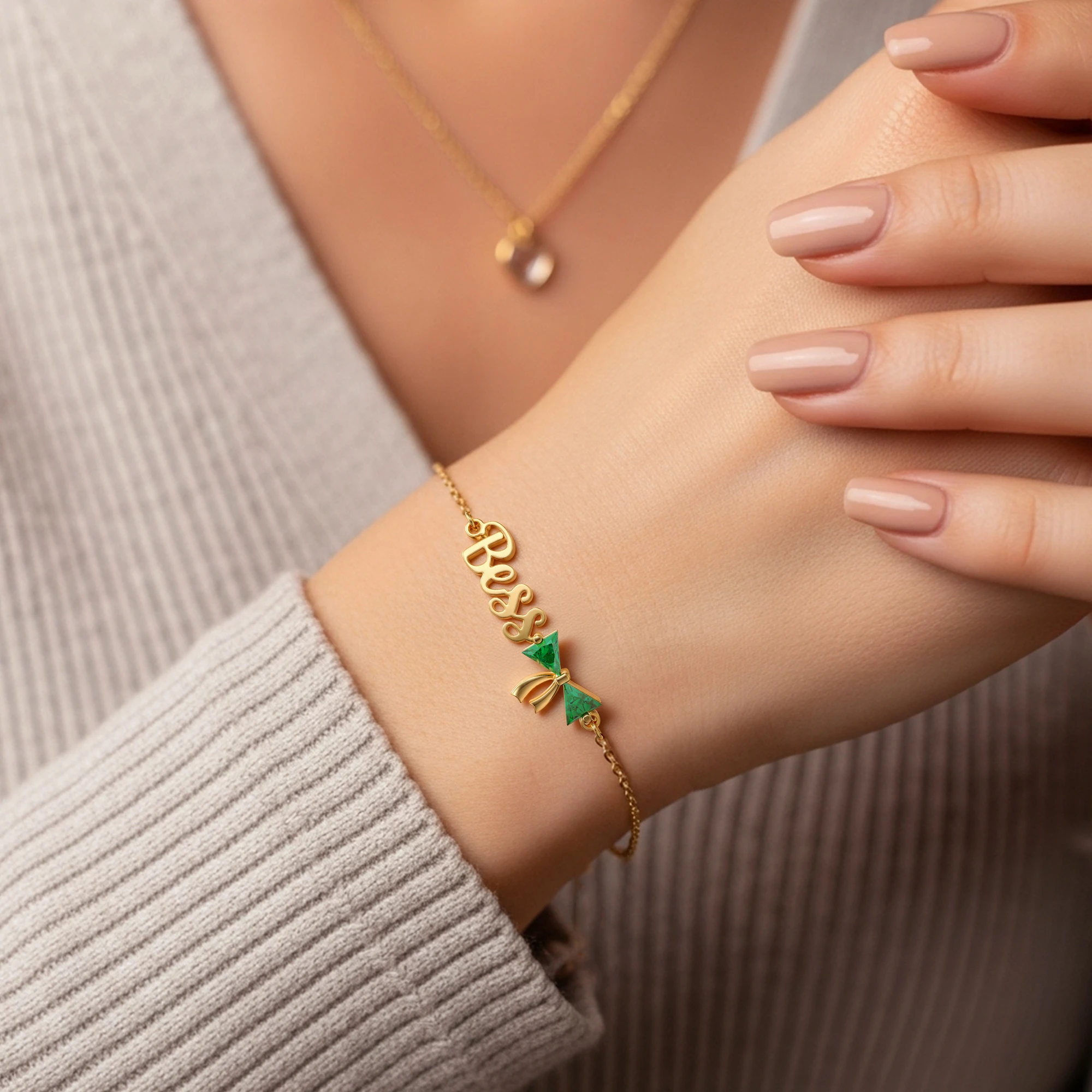 Personalized Double Triangle Birthstone Bow Name Bracelet