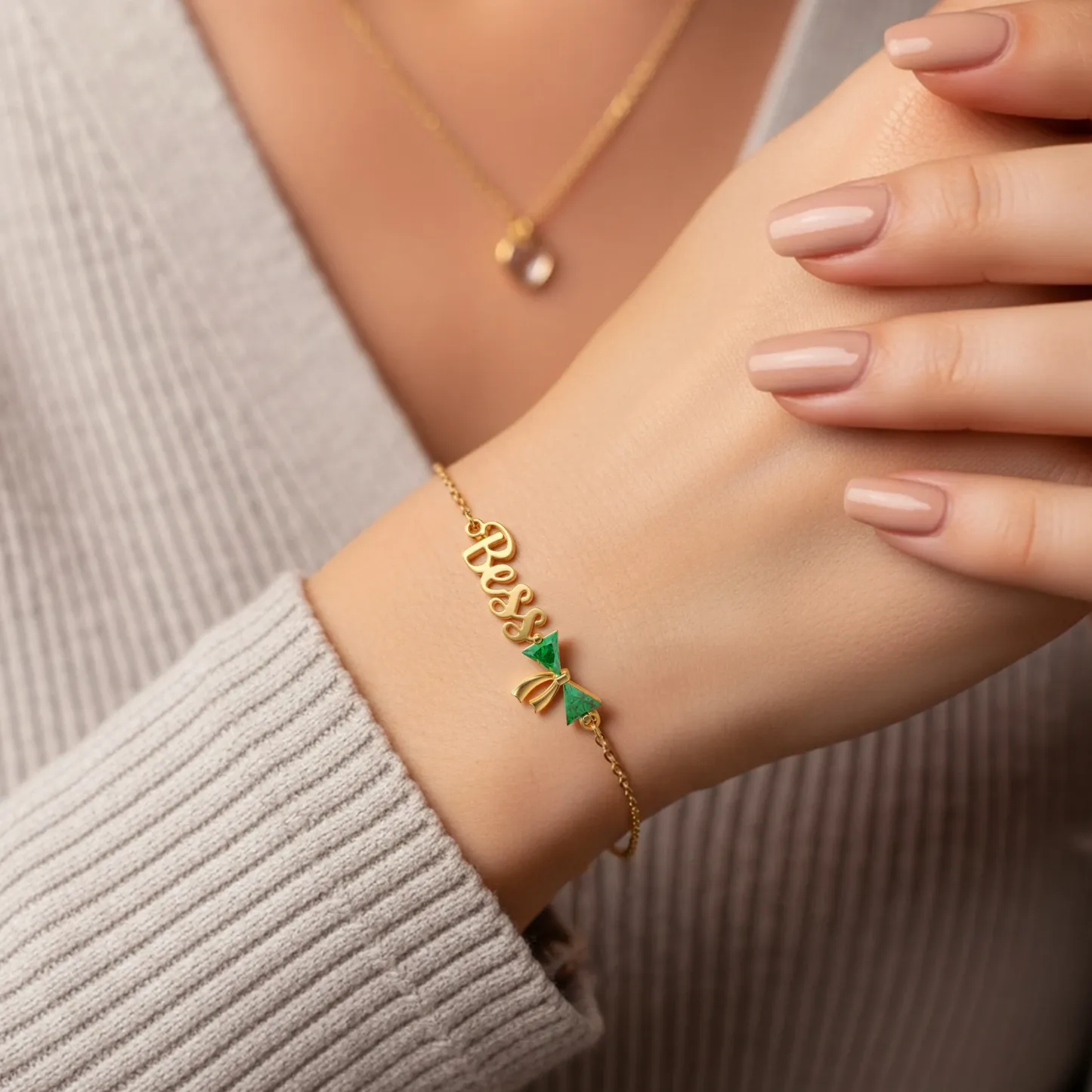 Personalized Double Triangle Birthstone Bow Name Bracelet