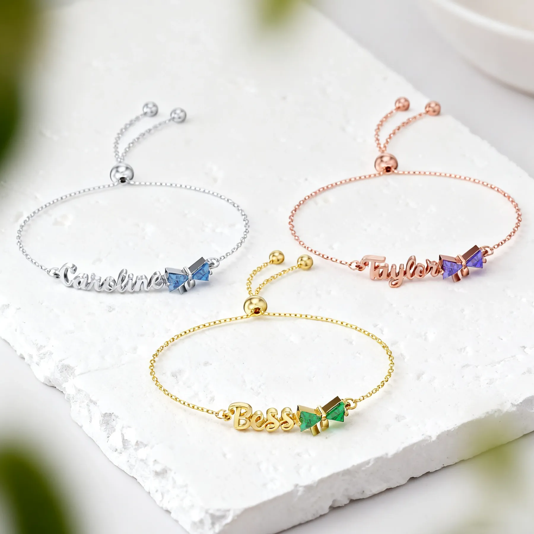 Personalized Double Triangle Birthstone Bow Name Bracelet
