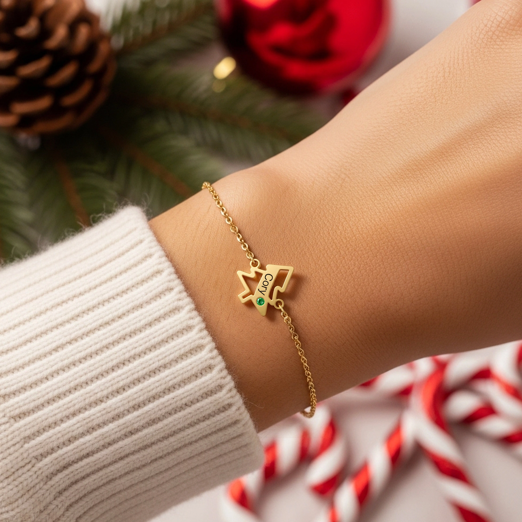 Custom 1-5 Name Birtstone Christmas Tree Adjustable Bracelet