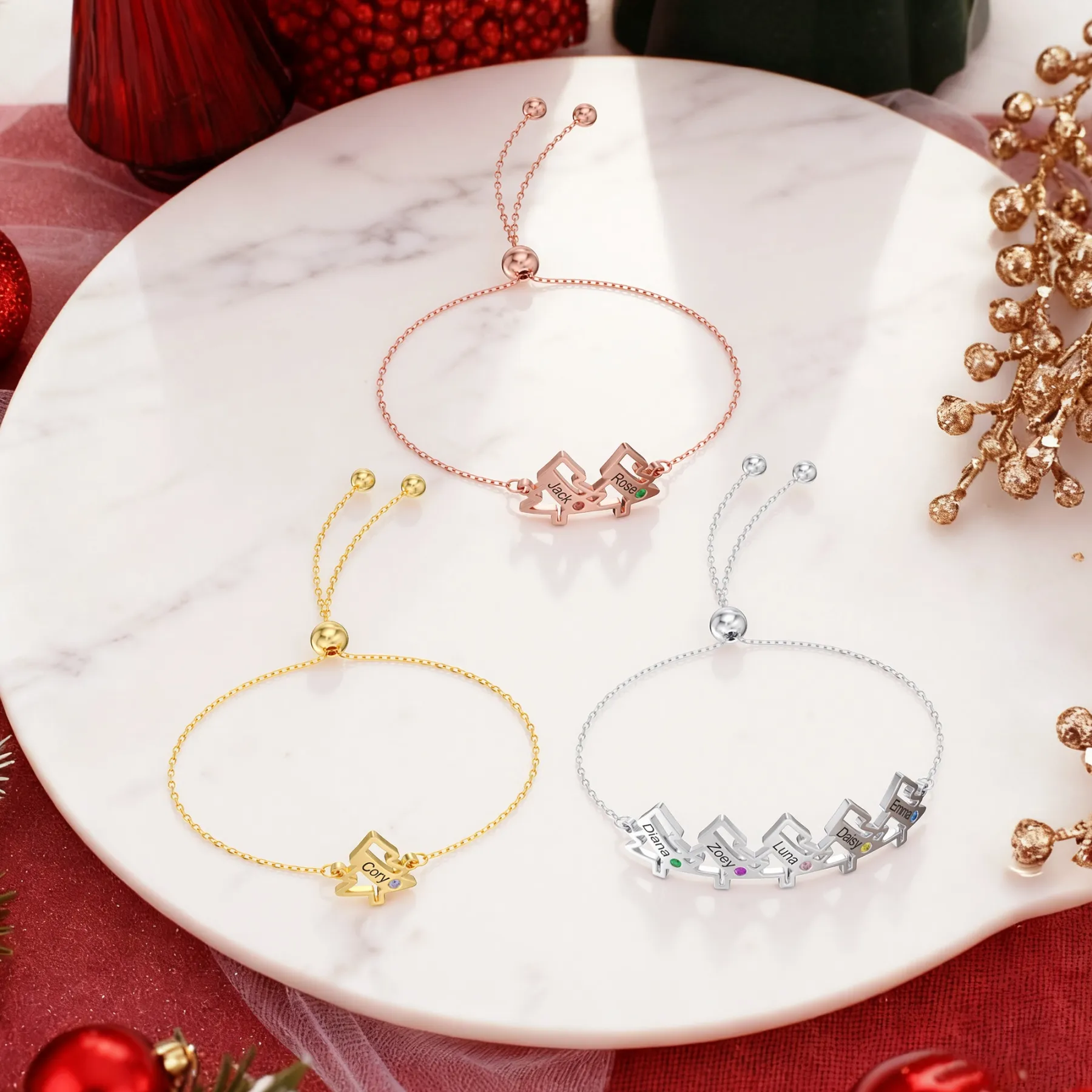 Custom 1-5 Name Birtstone Christmas Tree Adjustable Bracelet