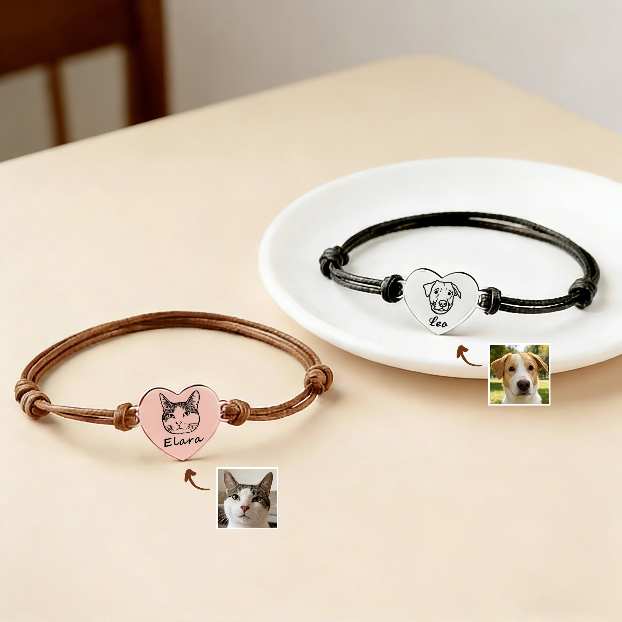 Custom Heart Shape Dog Cat Face Bracelet with Name