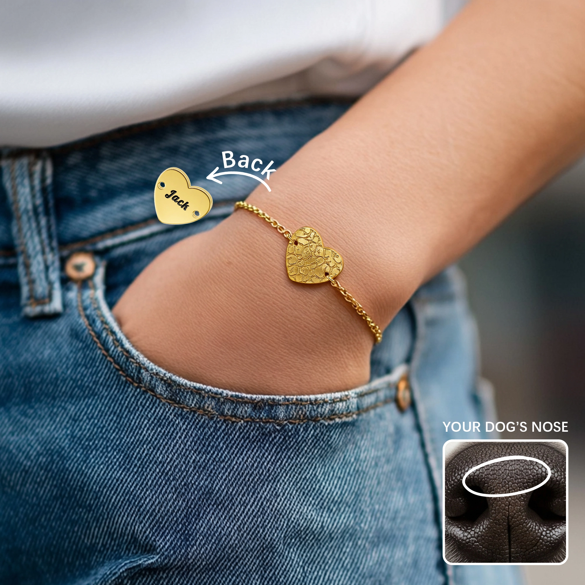 Custom Dog Cat Nose Print Heart Shape Pendant Bracelet with Engraved Name