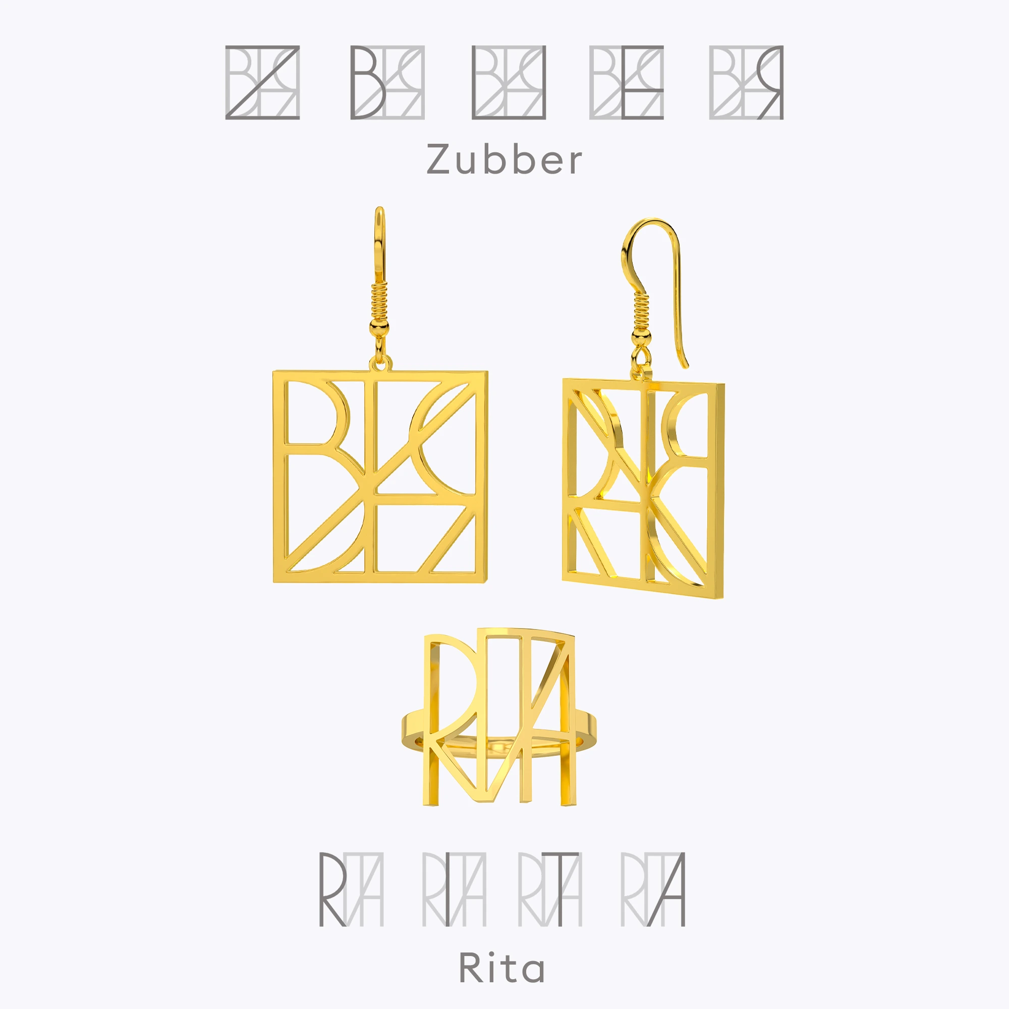 Geo Code Custom Name Logo Monogram Ring and Earring Set