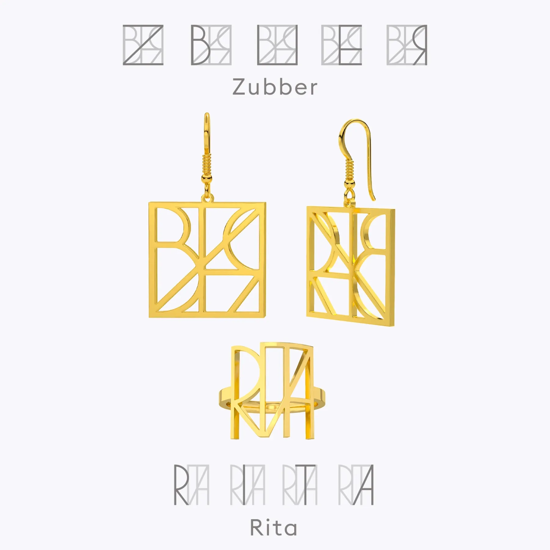 Geo Code Custom Name Logo Monogram Ring and Earring Set