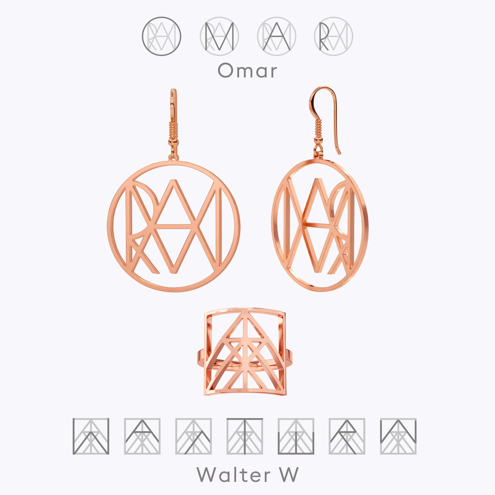 Geo Code Custom Name Logo Monogram Ring and Earring Set