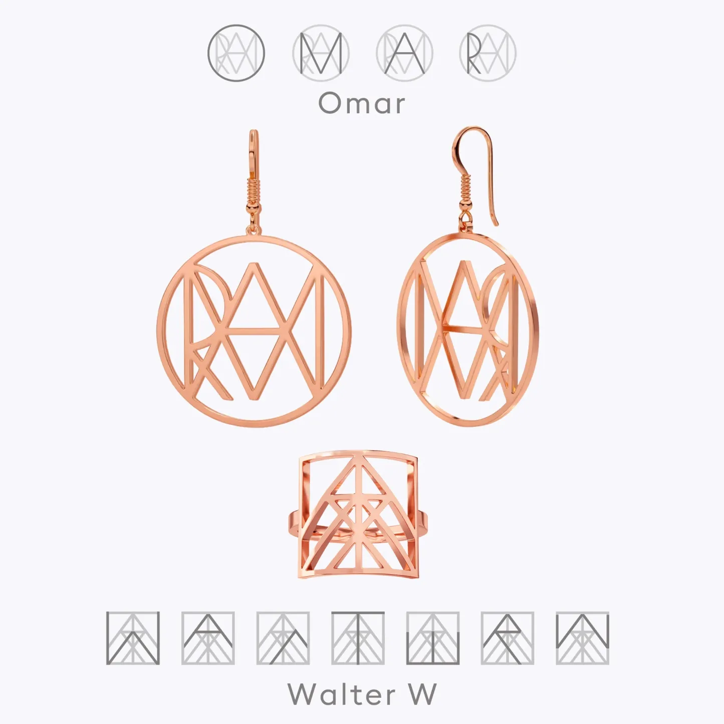 Geo Code Custom Name Logo Monogram Ring and Earring Set