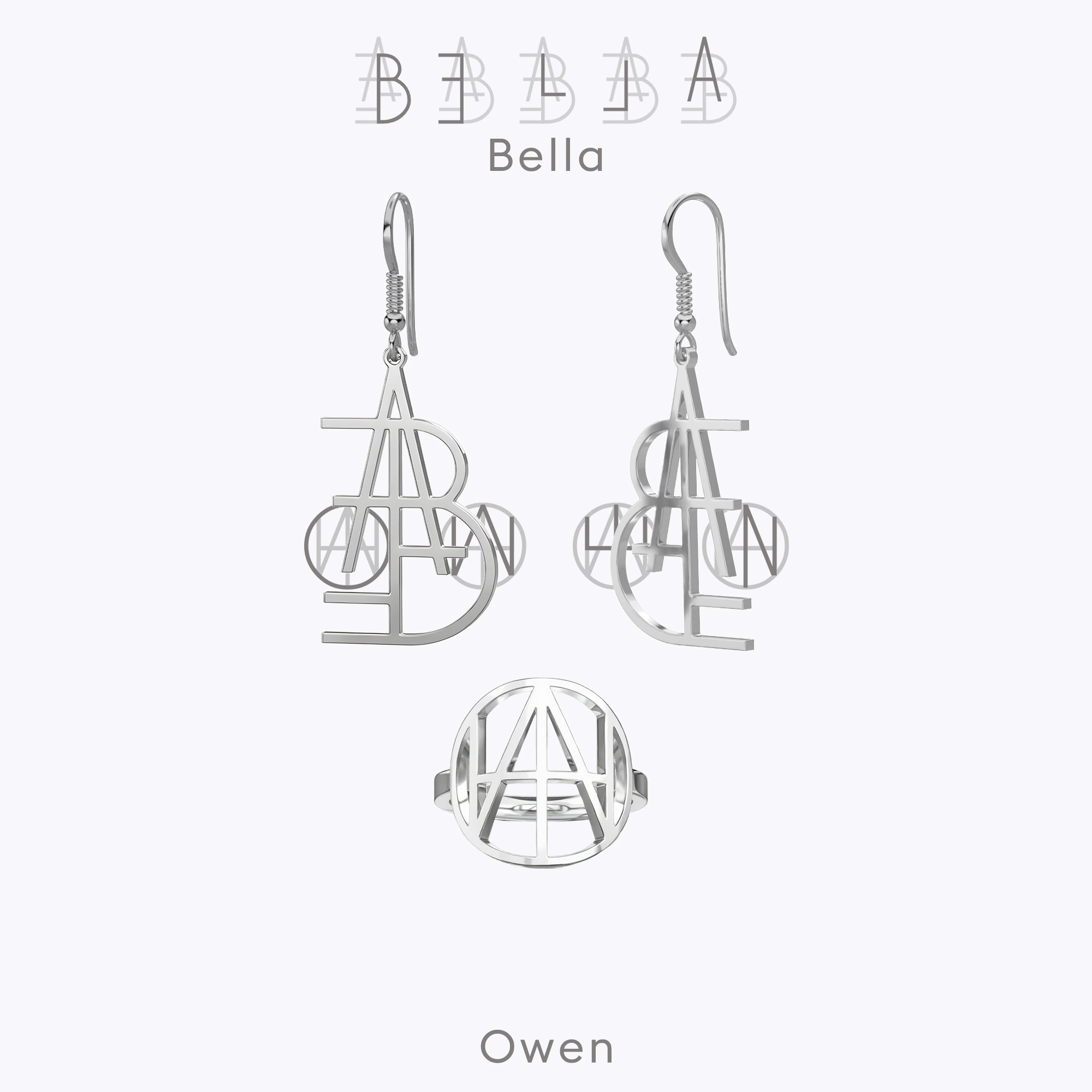 Geo Code Custom Name Logo Monogram Ring and Earring Set