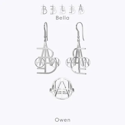 Geo Code Custom Name Logo Monogram Ring and Earring Set