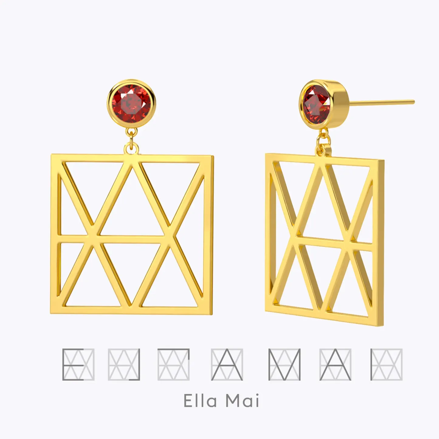 Geo Code Custom Name Logo Monogram Earring with Round Birthstone