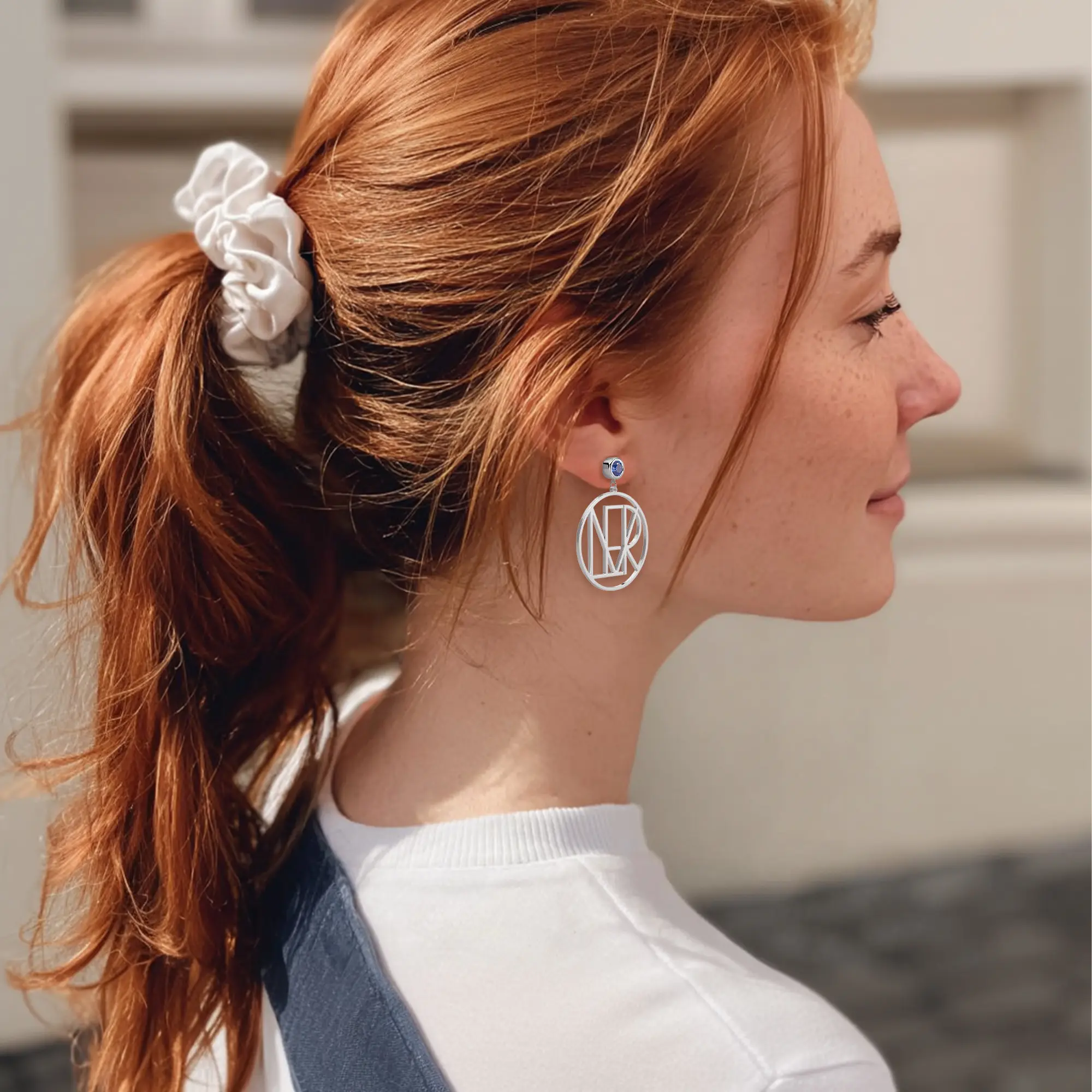 Geo Code Custom Name Logo Monogram Earring with Round Birthstone