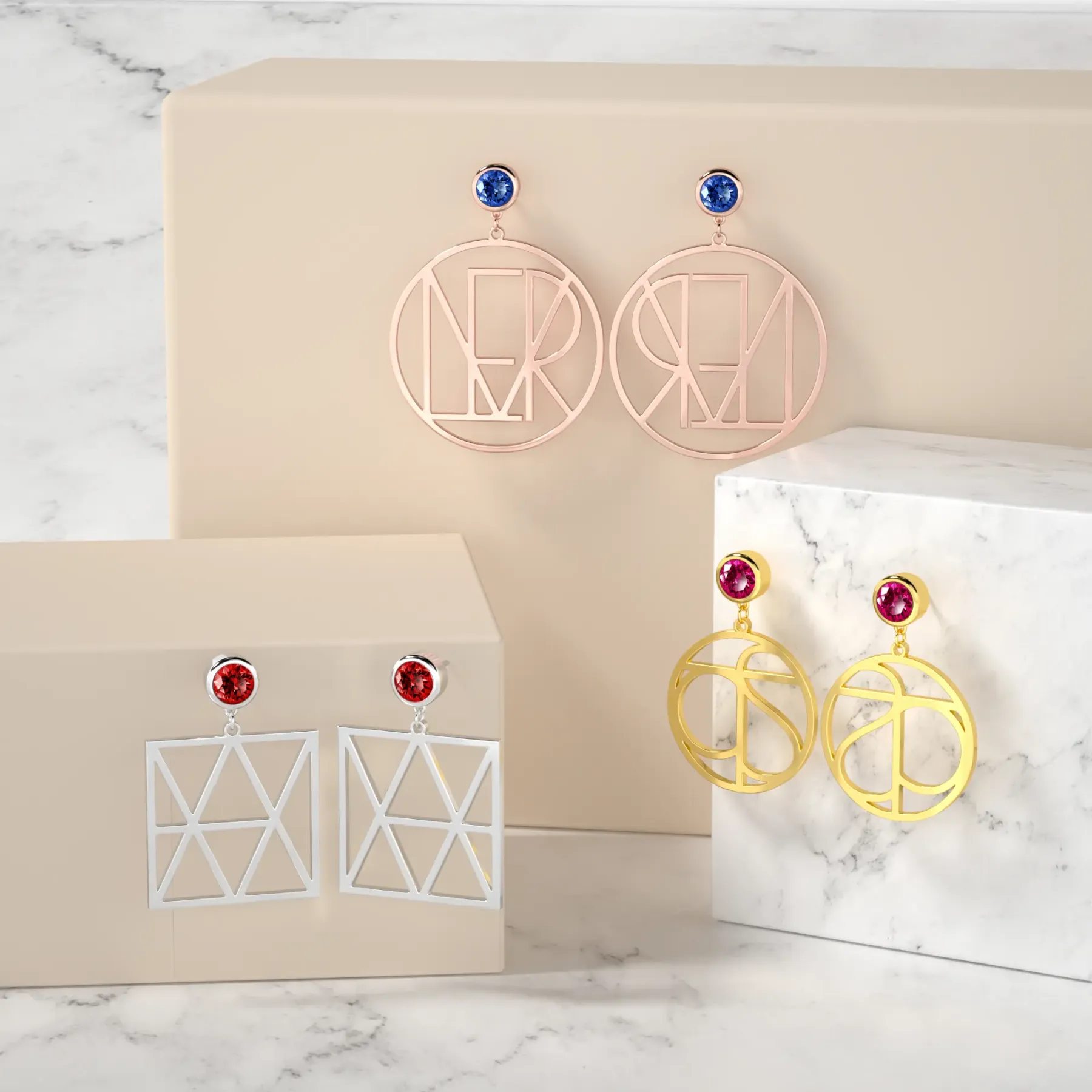 Geo Code Custom Name Logo Monogram Earring with Round Birthstone