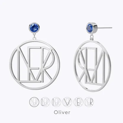 Geo Code Custom Name Logo Monogram Earring with Round Birthstone