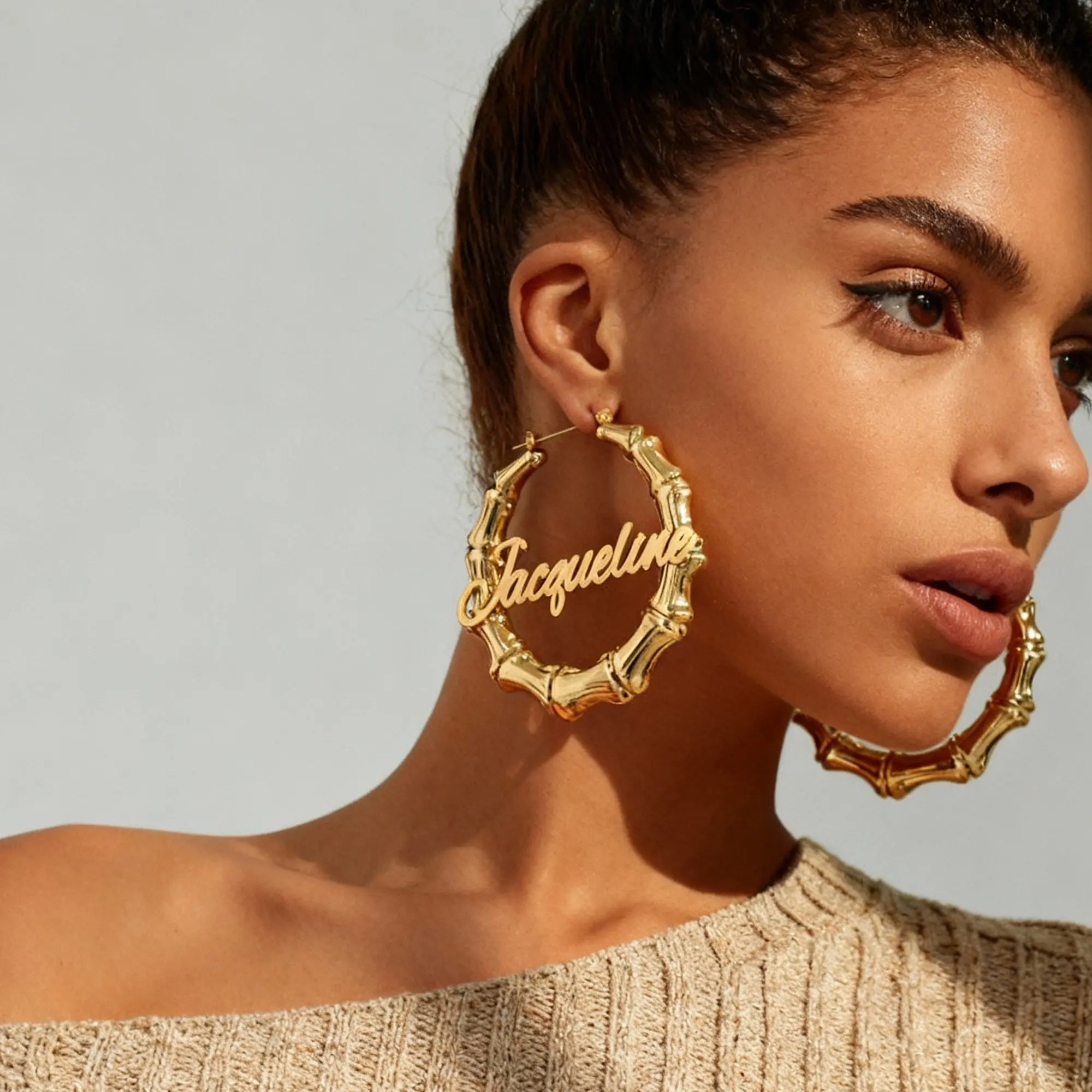 Custom Name Bamboo Hoop Earrings
