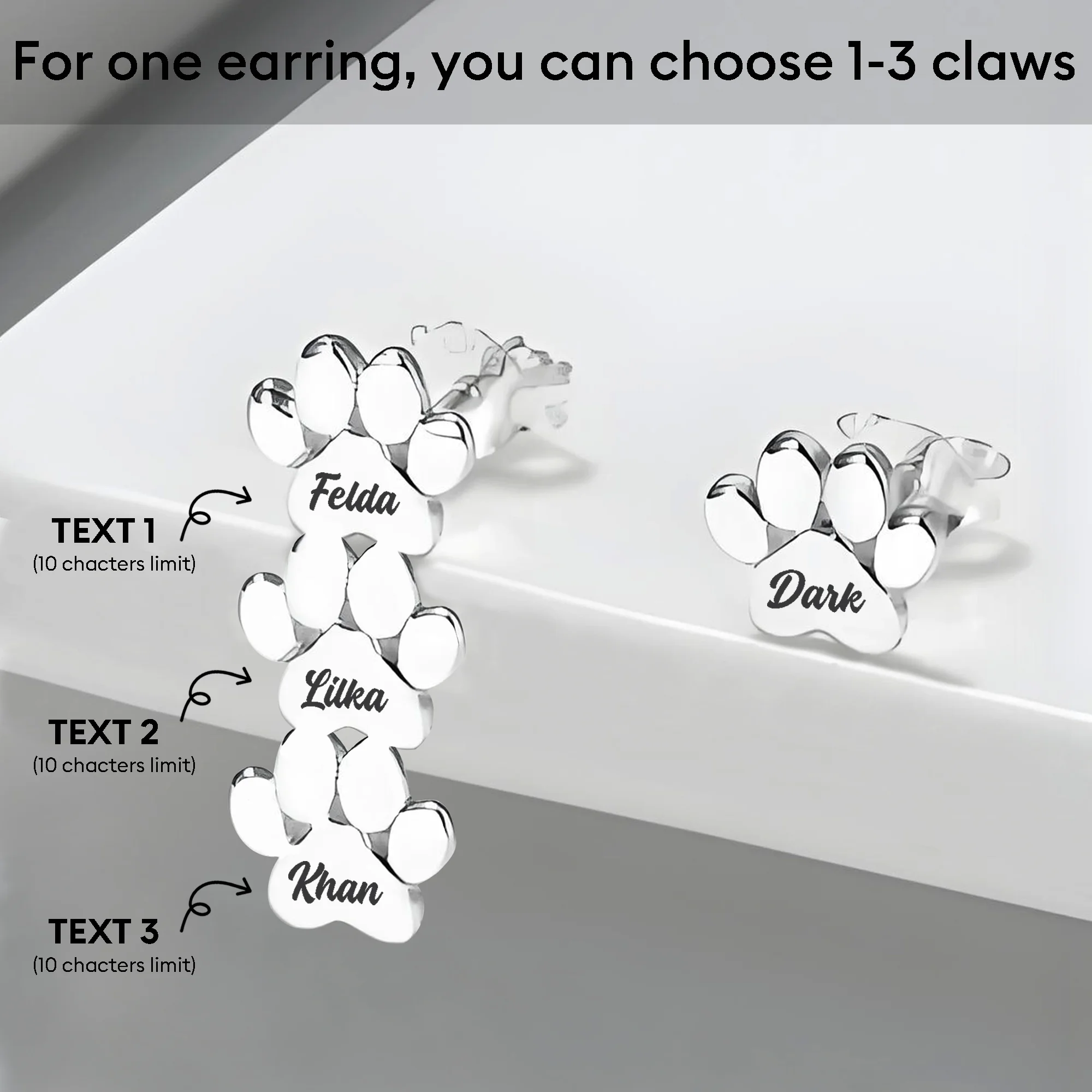 Custom 1–3 Pet Paw Name Stud Earrings