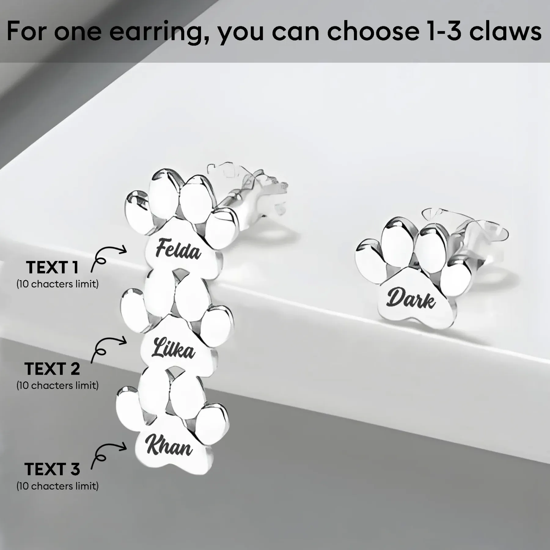 Custom 1–3 Pet Paw Name Stud Earrings