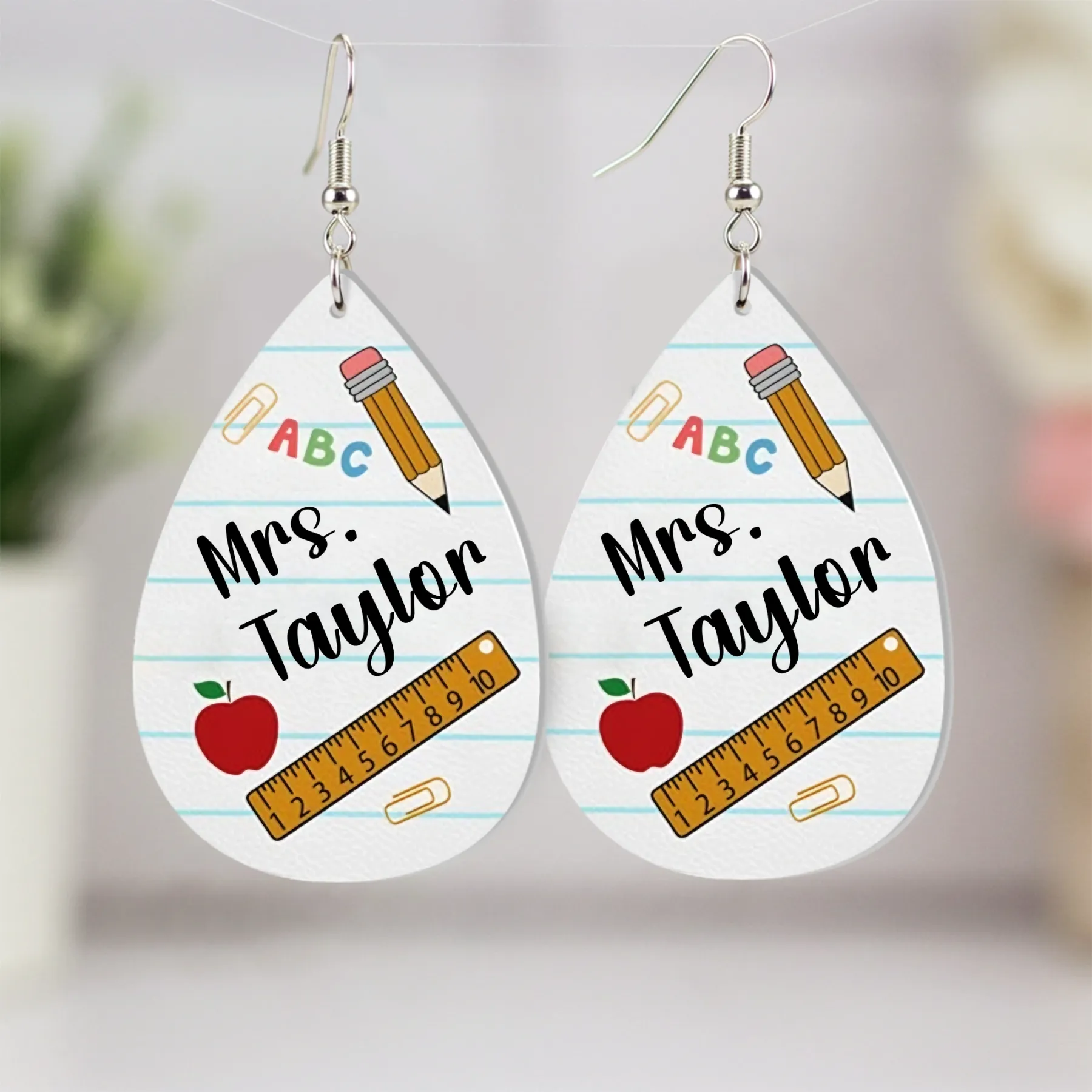 Personalized Teardrop Shape Apple Pencils Crayons Earrings
