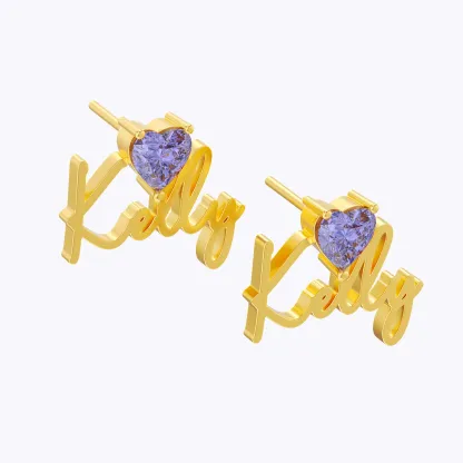 Custom Heart Birthstone Name Studs