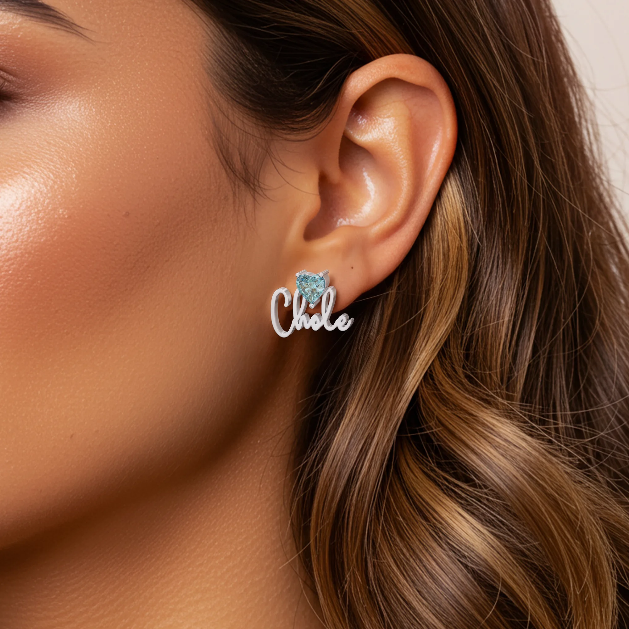 Custom Heart Birthstone Name Studs