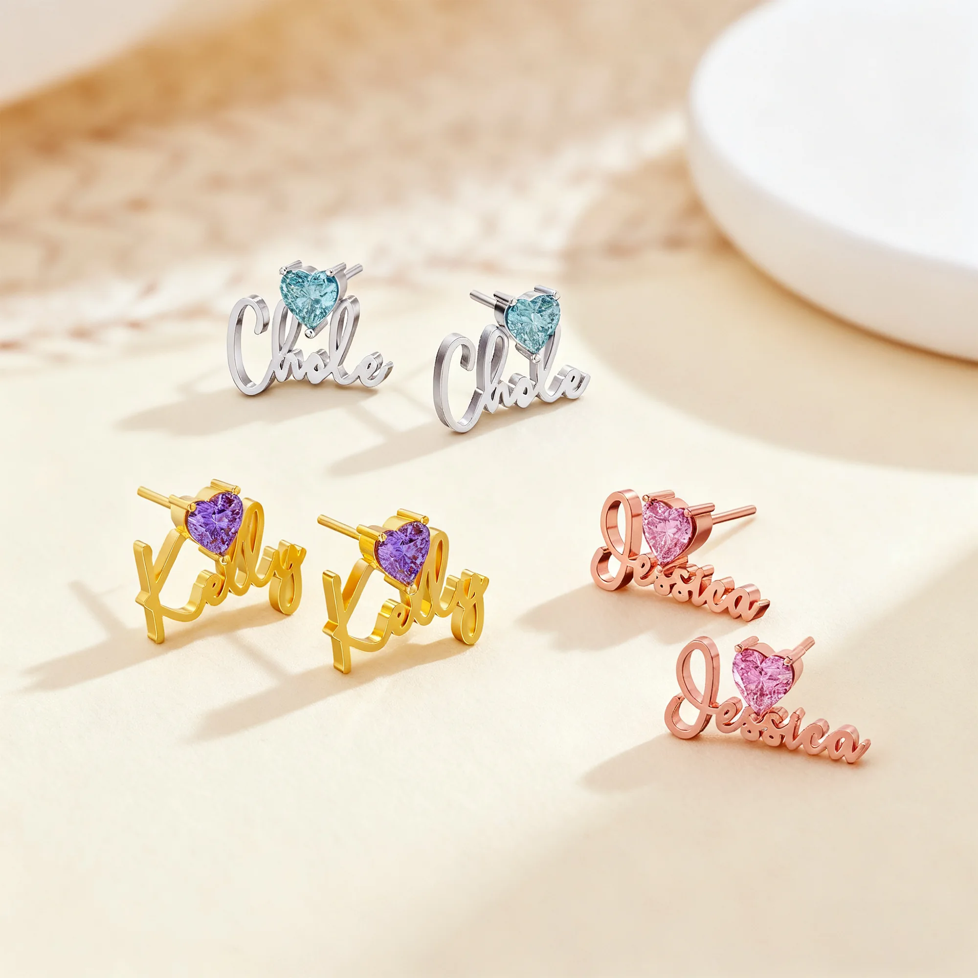 Custom Heart Birthstone Name Studs
