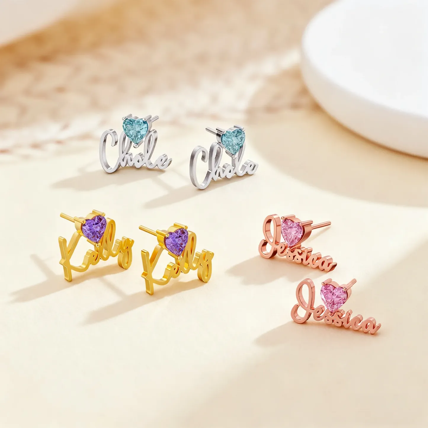 Custom Heart Birthstone Name Studs