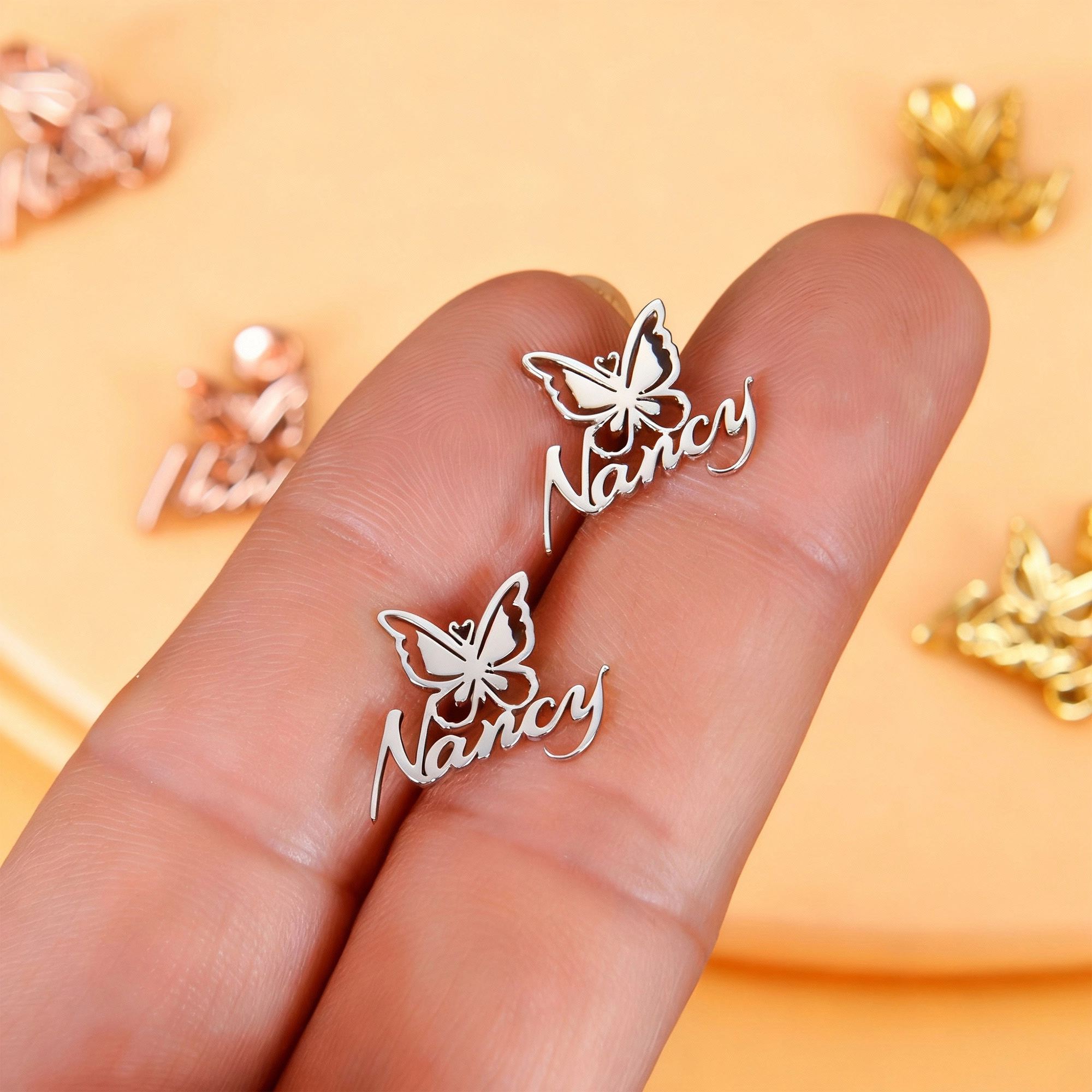 Custom Butterfly Engraved Name Studs