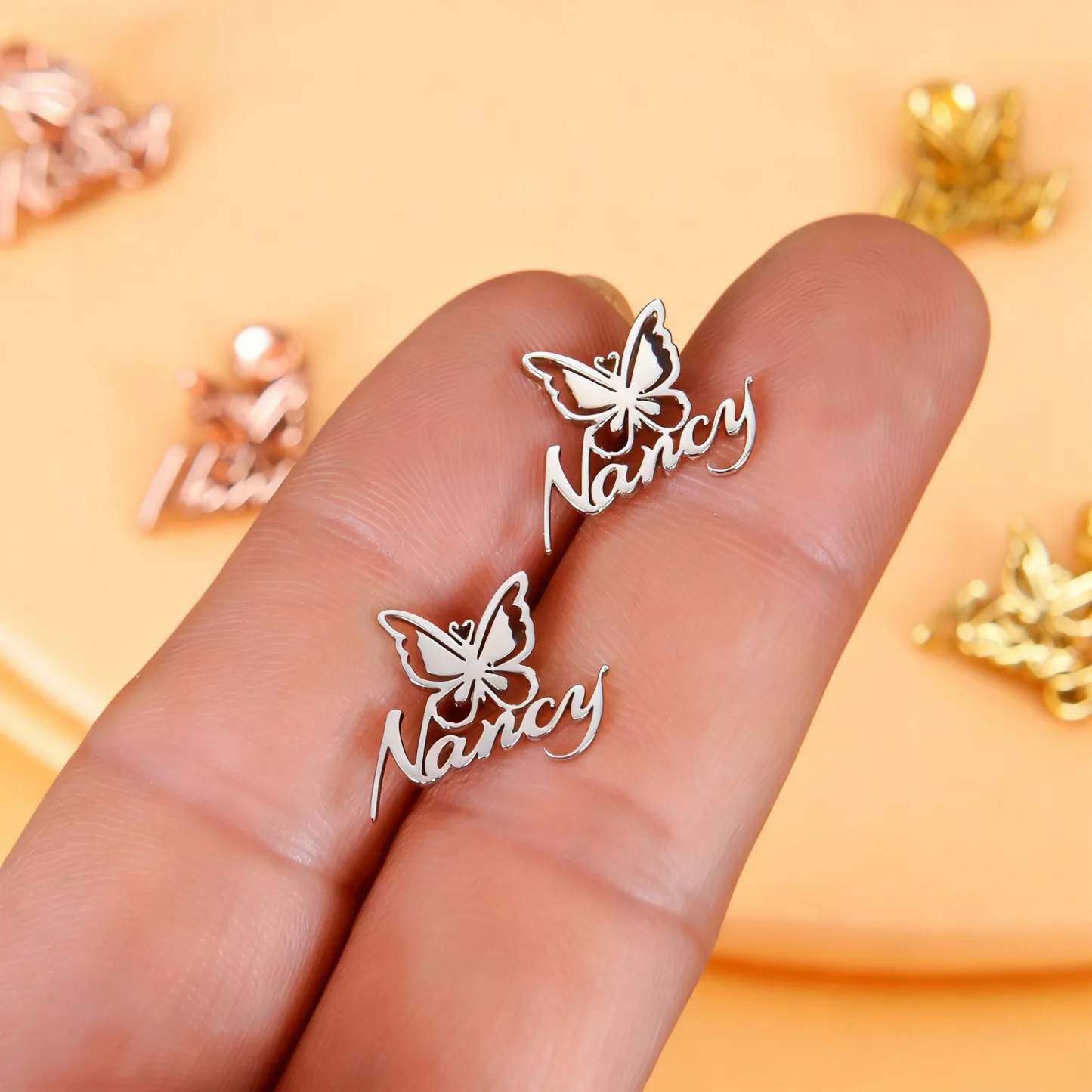 Custom Butterfly Engraved Name Studs