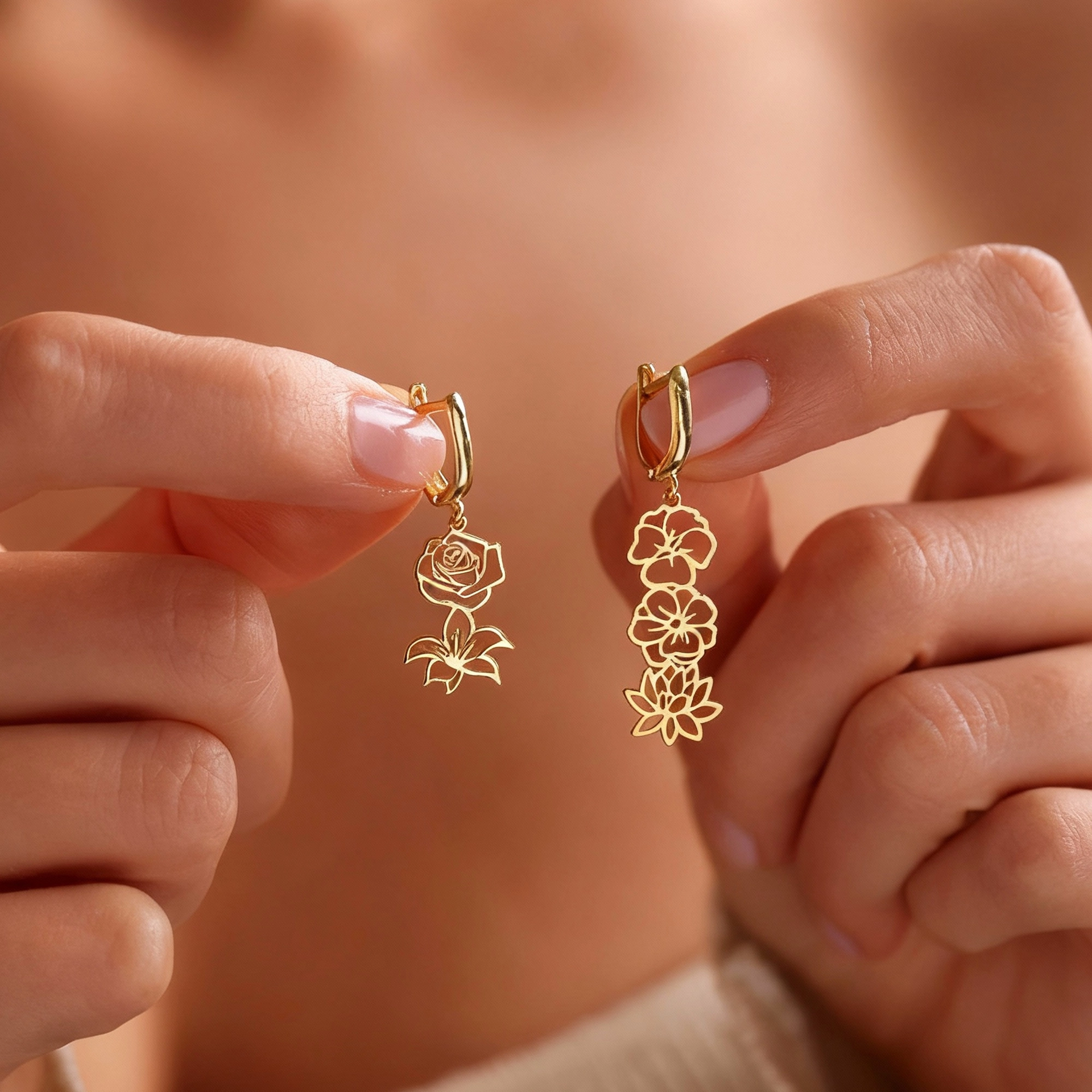 Personalized 1-5 Birth Flowers Huggie Earrings