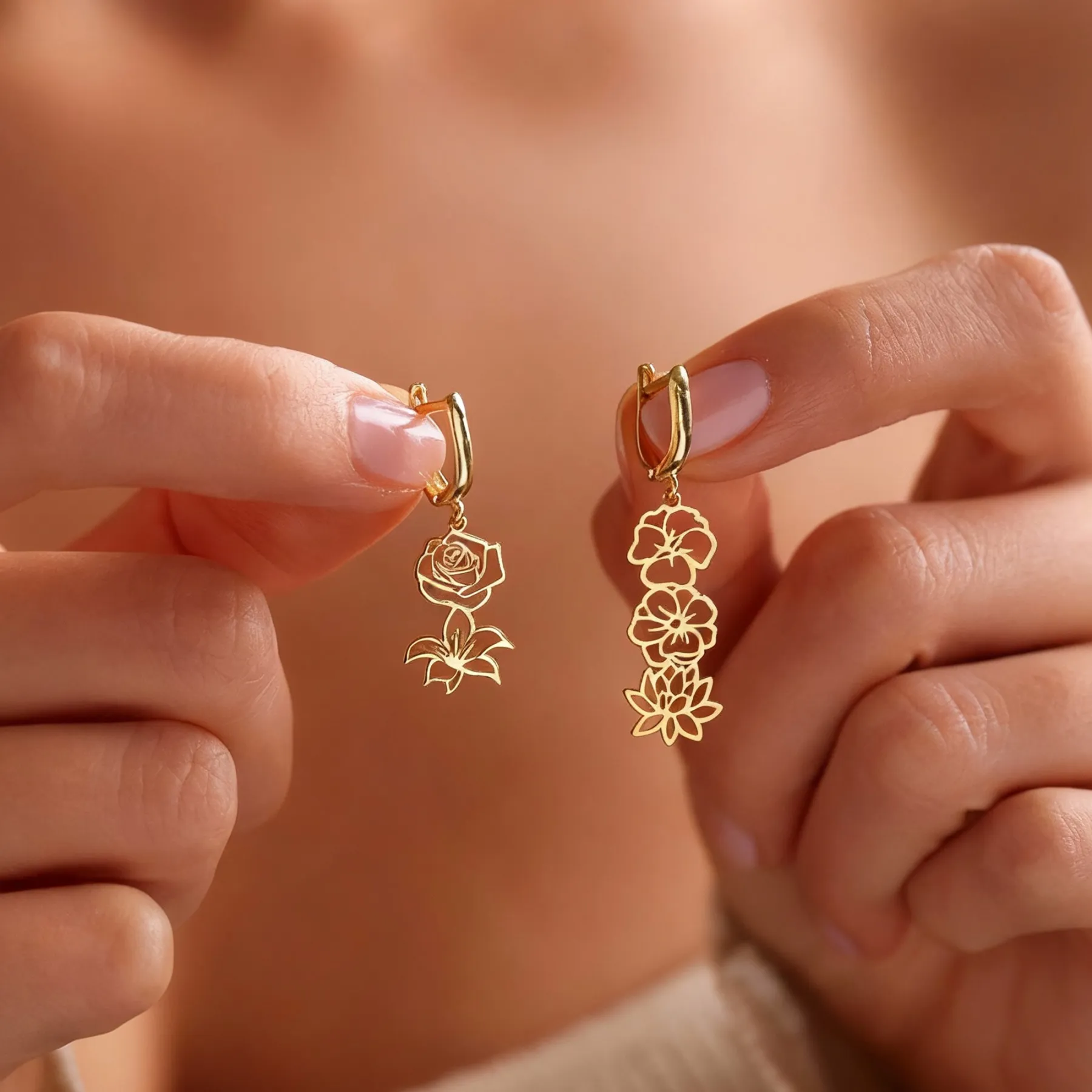 Personalized 1-5 Birth Flowers Huggie Earrings