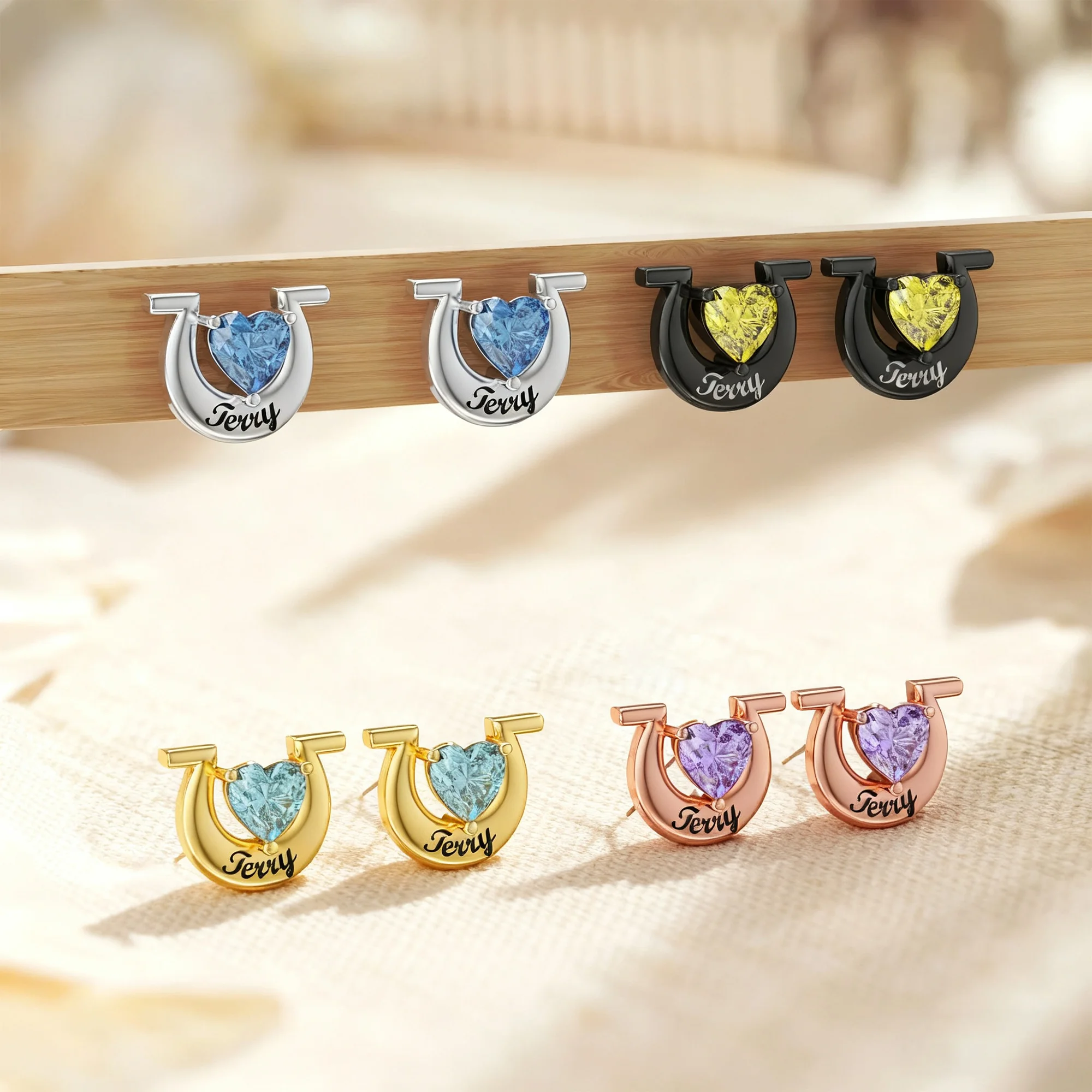 Custom Heart Birthstone with Name Studs