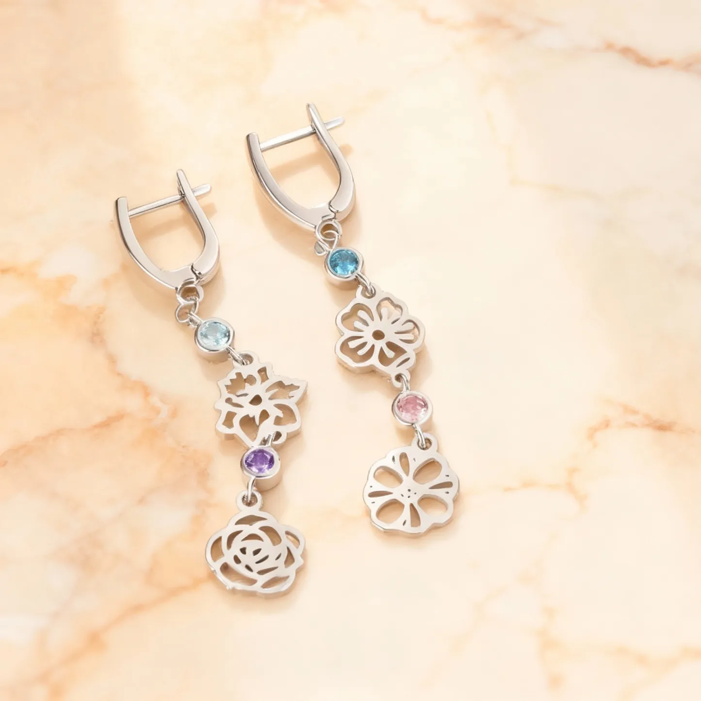 Personalized 1-3 Birth Flower & Birthstone  Dangle Earrings